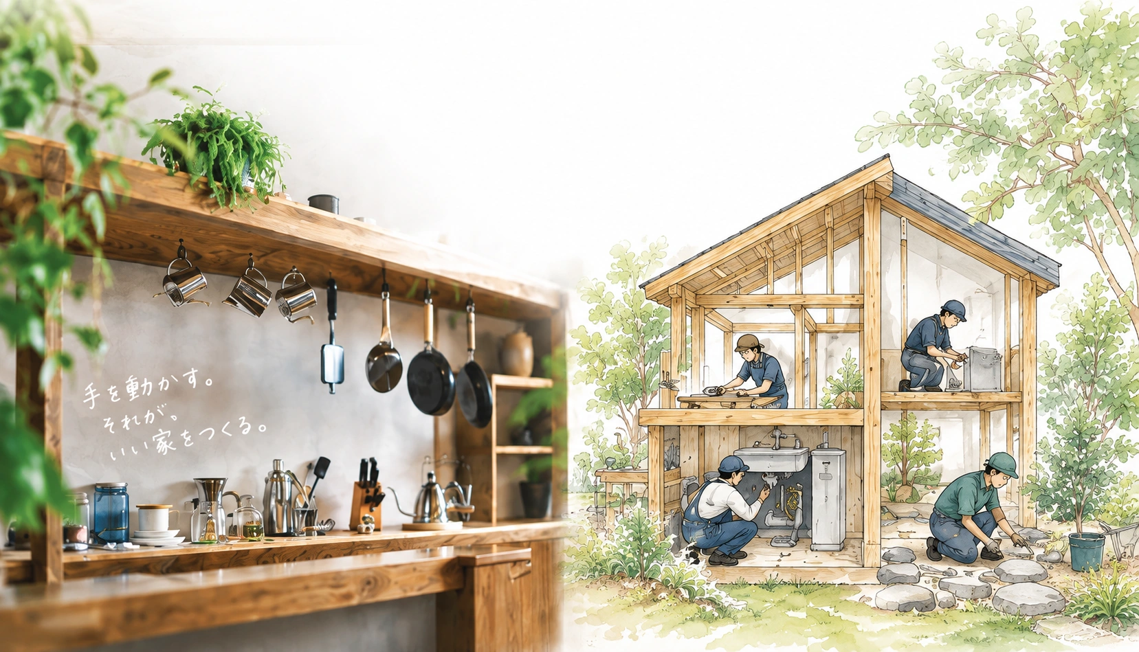 手を動かす。それが、いい家をつくる。木のキッチンと、大工・設備・外構・板金の仕事を描いたイメージ